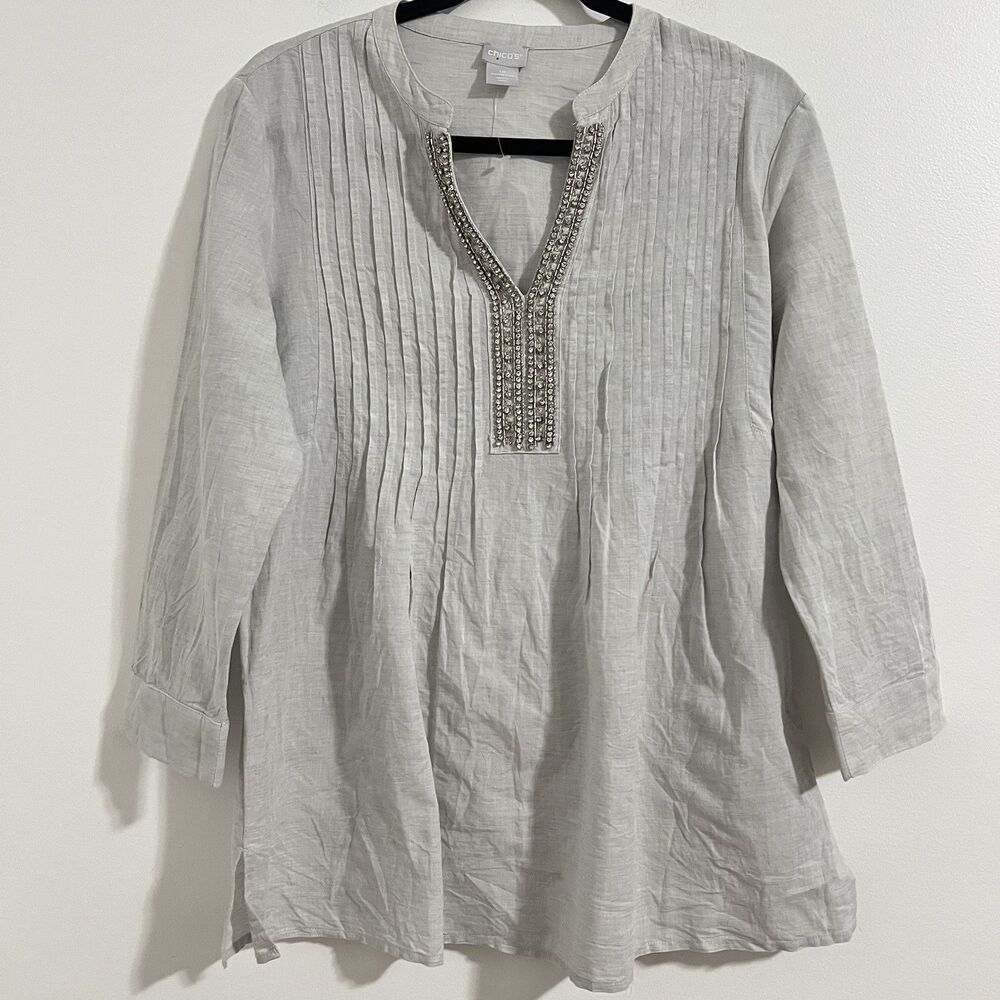Chicos Linen Blend Blouse Size 1P/ US 8/10P Light Gray Rhinestone Mandarin Neck